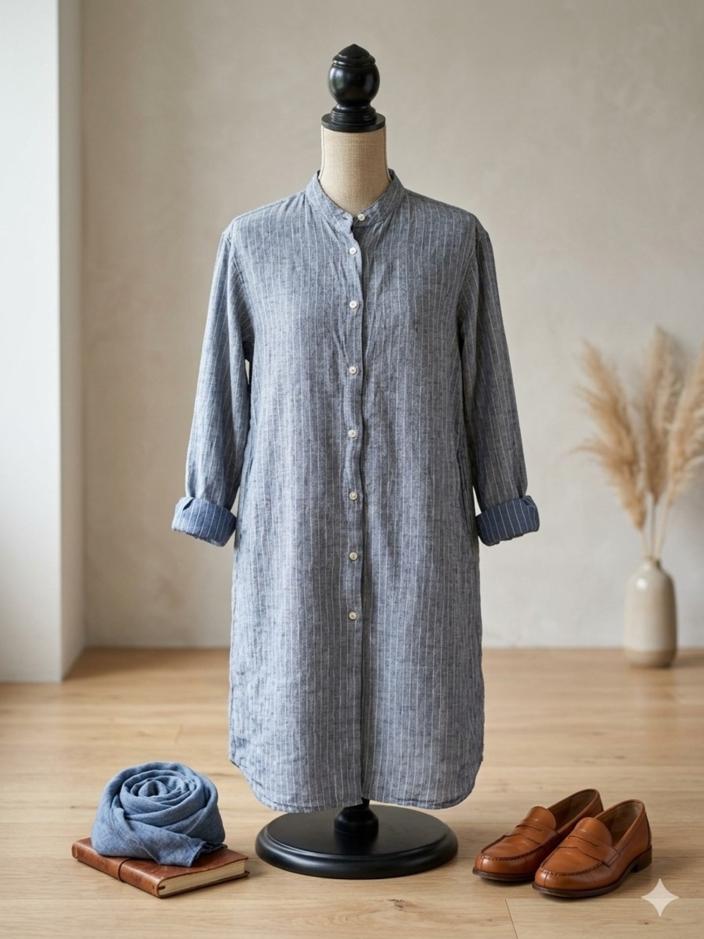 Striped Light Blue Long-Sleeve Button Shirt Dress